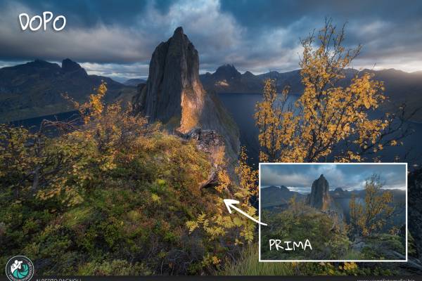 Prima e dopo di una foto editata durante la masterclass