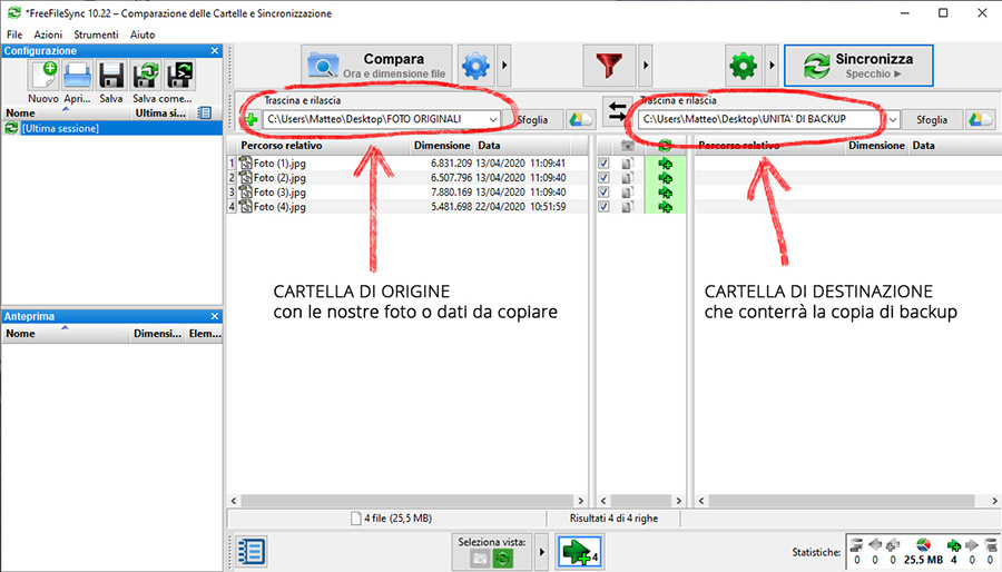 Impostare la cartella di origine e destinazione con free file sync