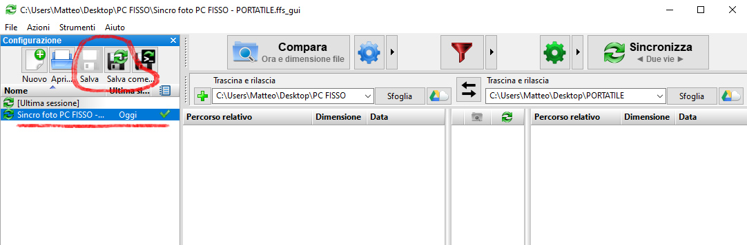 salvatggio delle impostazioni di backup con free file sync