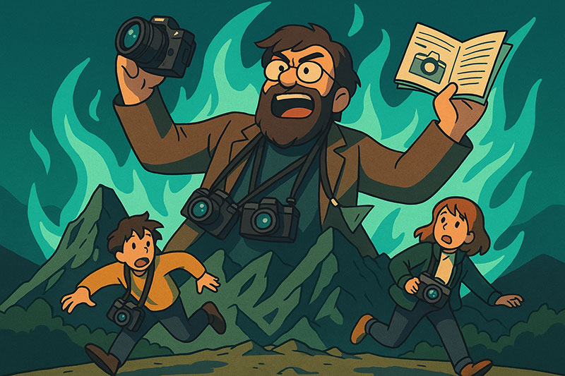 illustrazione caricaturale di un docente fotografo che insegue i suoi alunni durante un workshop fotografico